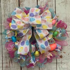 Handcrafted Deco Mesh Easter Wreath; made on 10” inch wire wreath form.